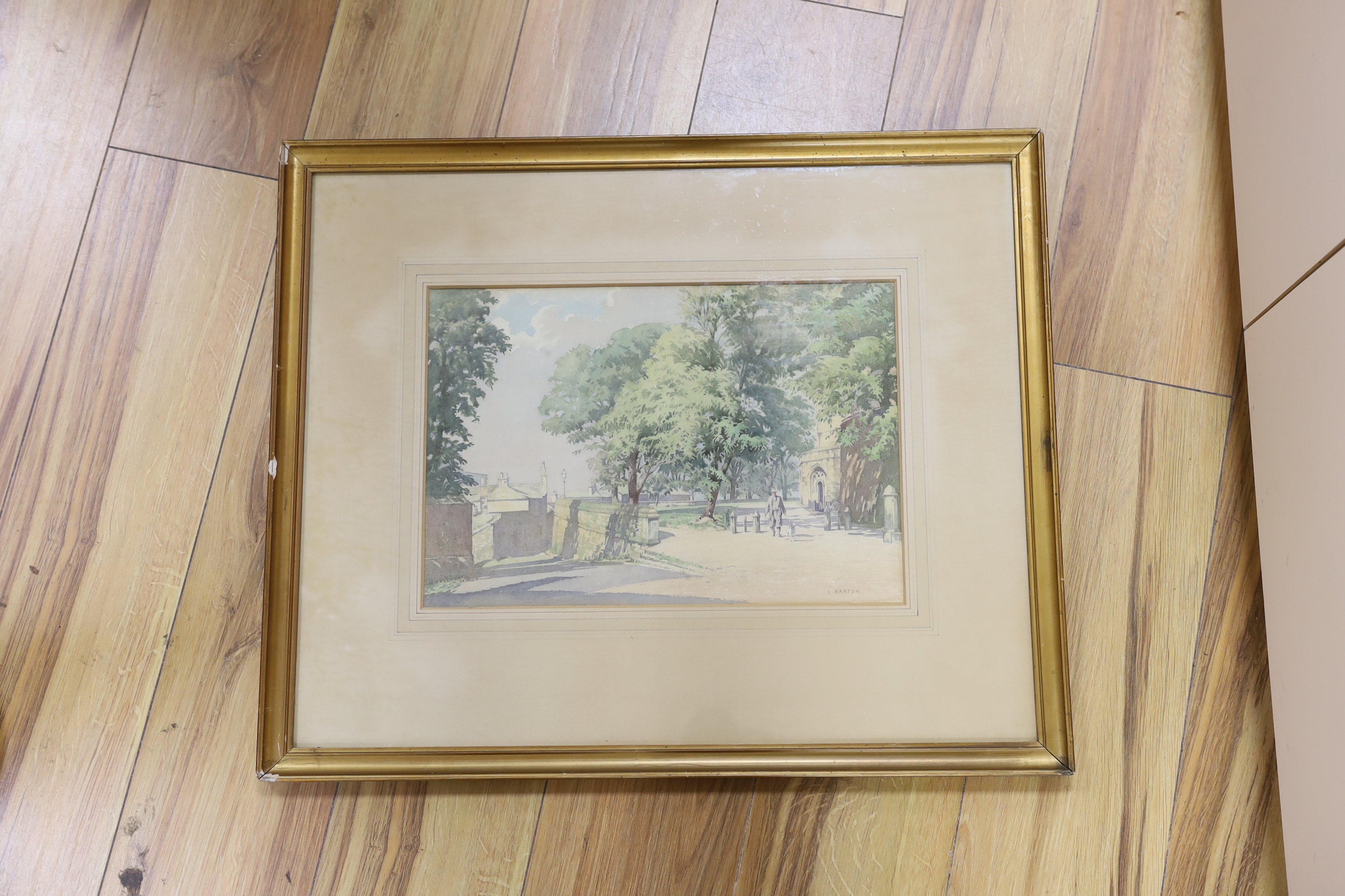 Leonard Barton (1893-1971), watercolour, Street scene with figure and dog, signed, 26 x 37cm